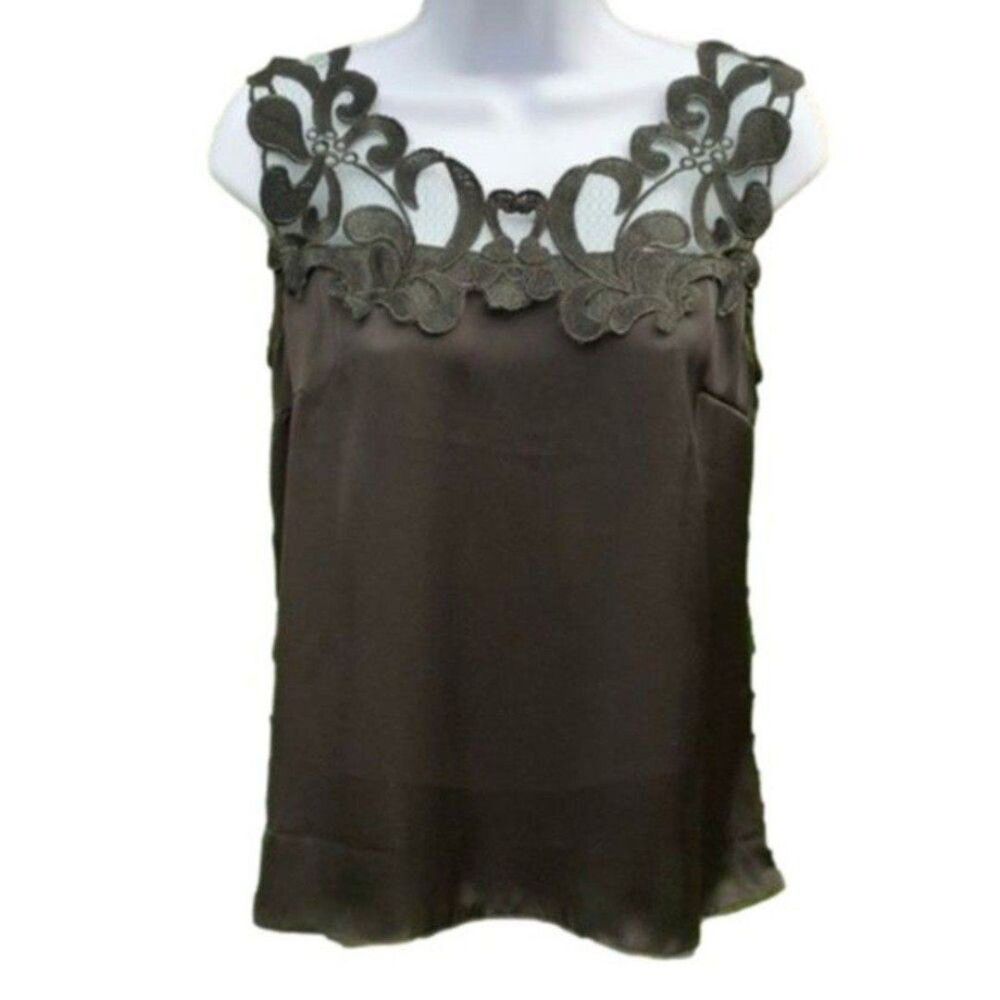 Satin black tank top lace neck sleeveless size S